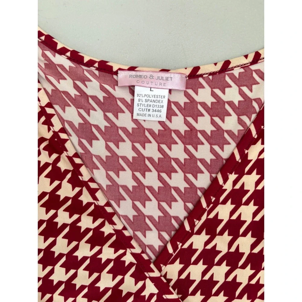 Romeo & Juliet Couture Red Houndstooth Wrap Dress Long Sleeve Midi  L Office